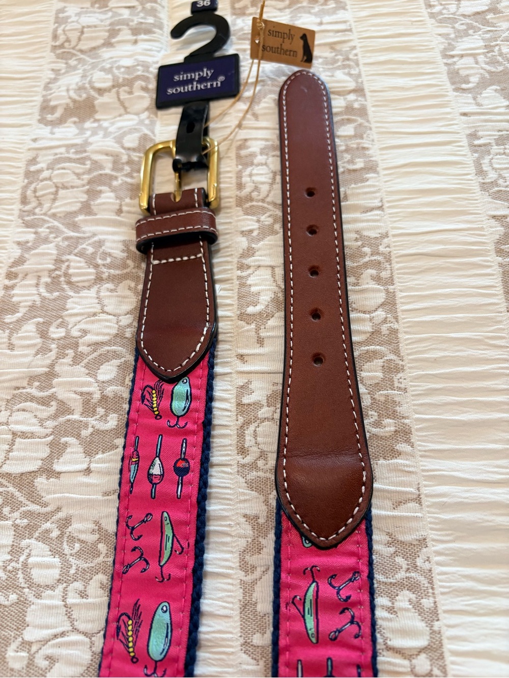 NWT, Simply Southern young adult  Brown Trim Pink Fishing Lures Belt, size 36